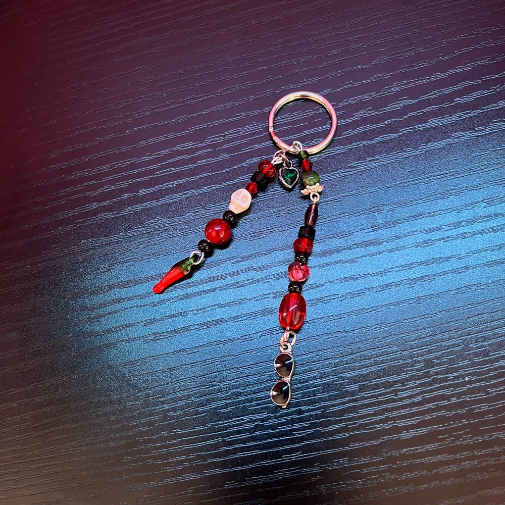 “Hot Stuff” Red, Green and Black Beaded Keychain